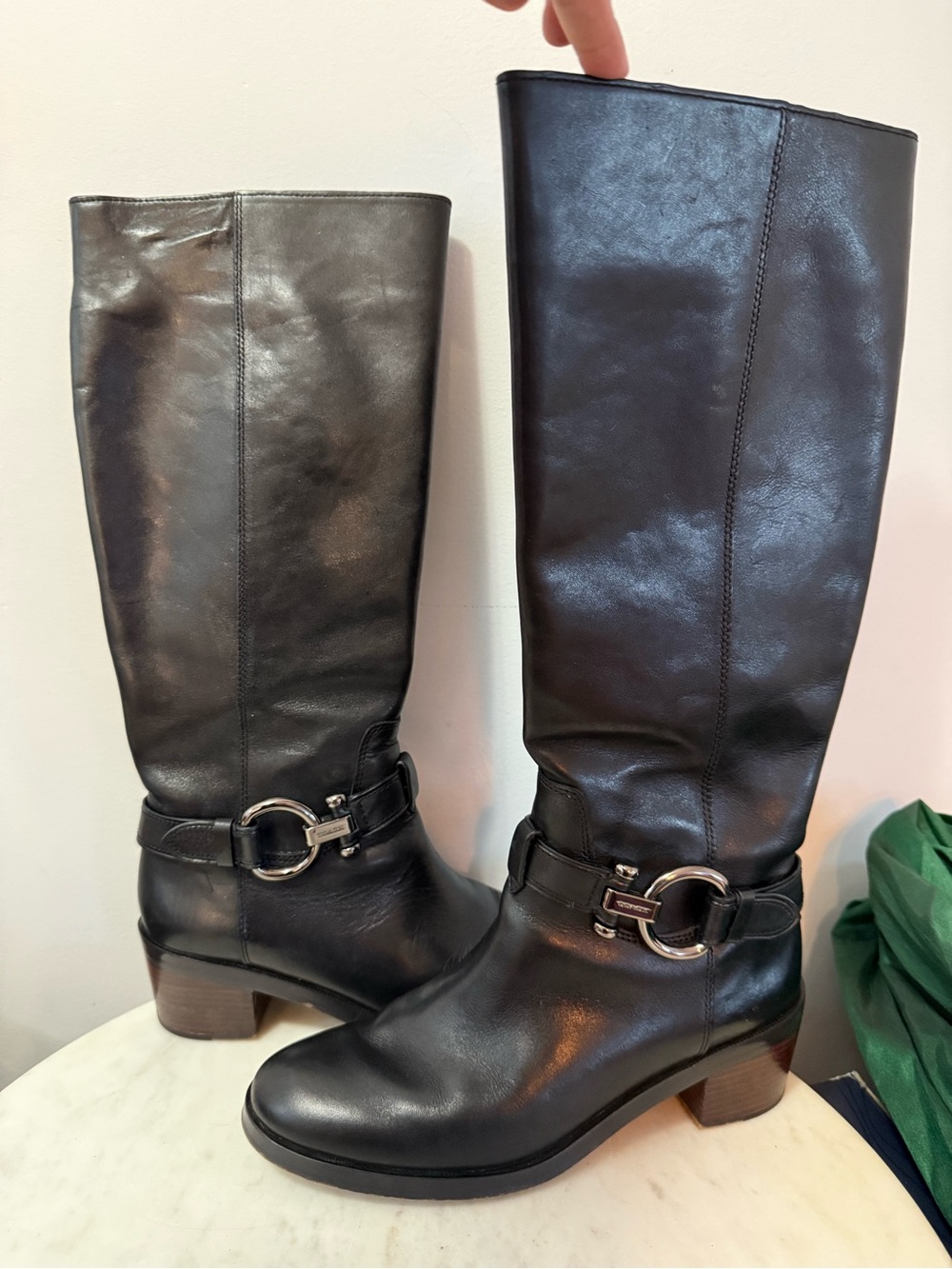 COACH Women CAROLINA Extended Calf Leather Riding Boots Black Saddle Size 8